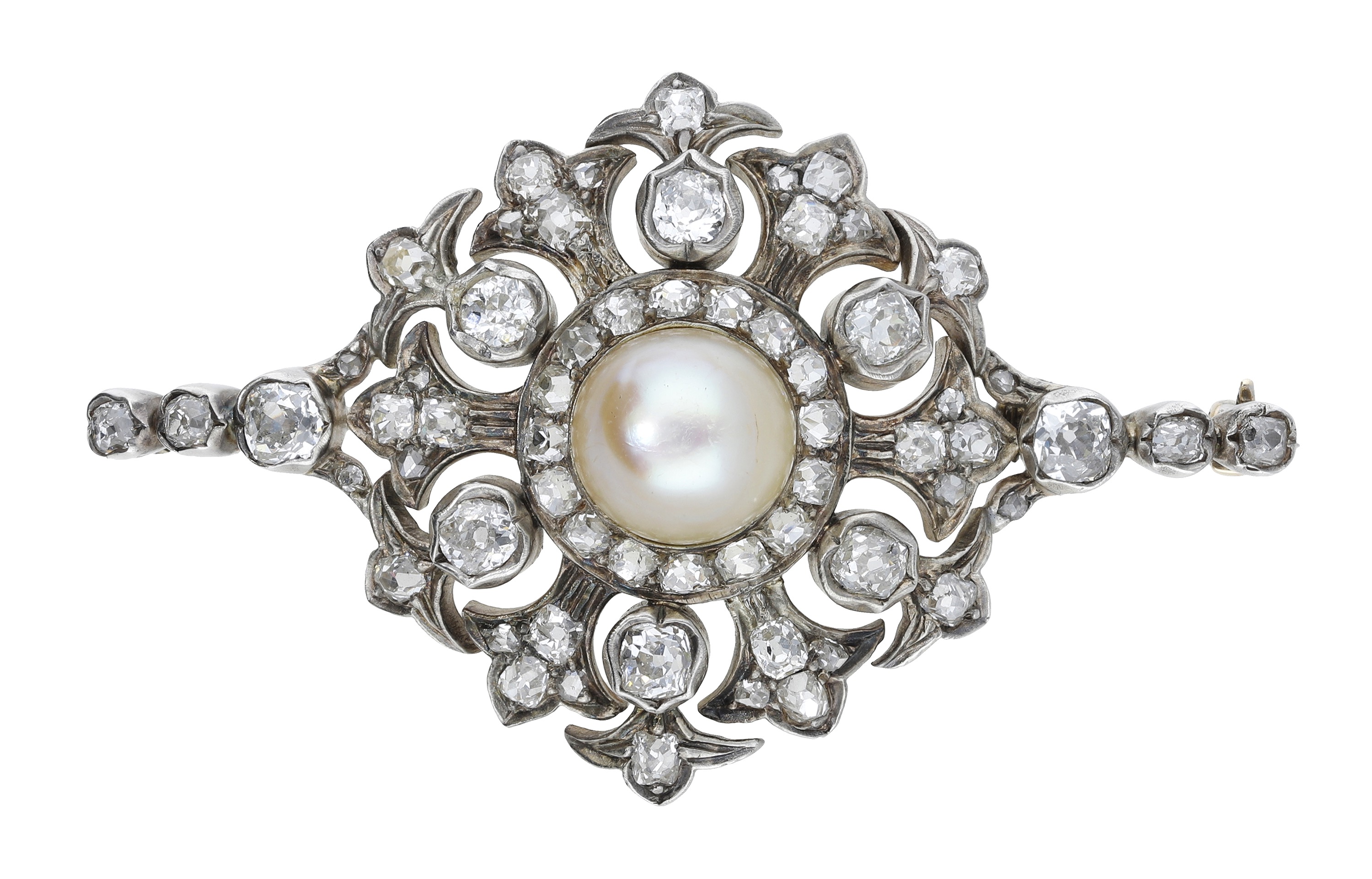 A late 19th century diamond and natural pearl brooch, the lozenge-shaped brooch of openwork...