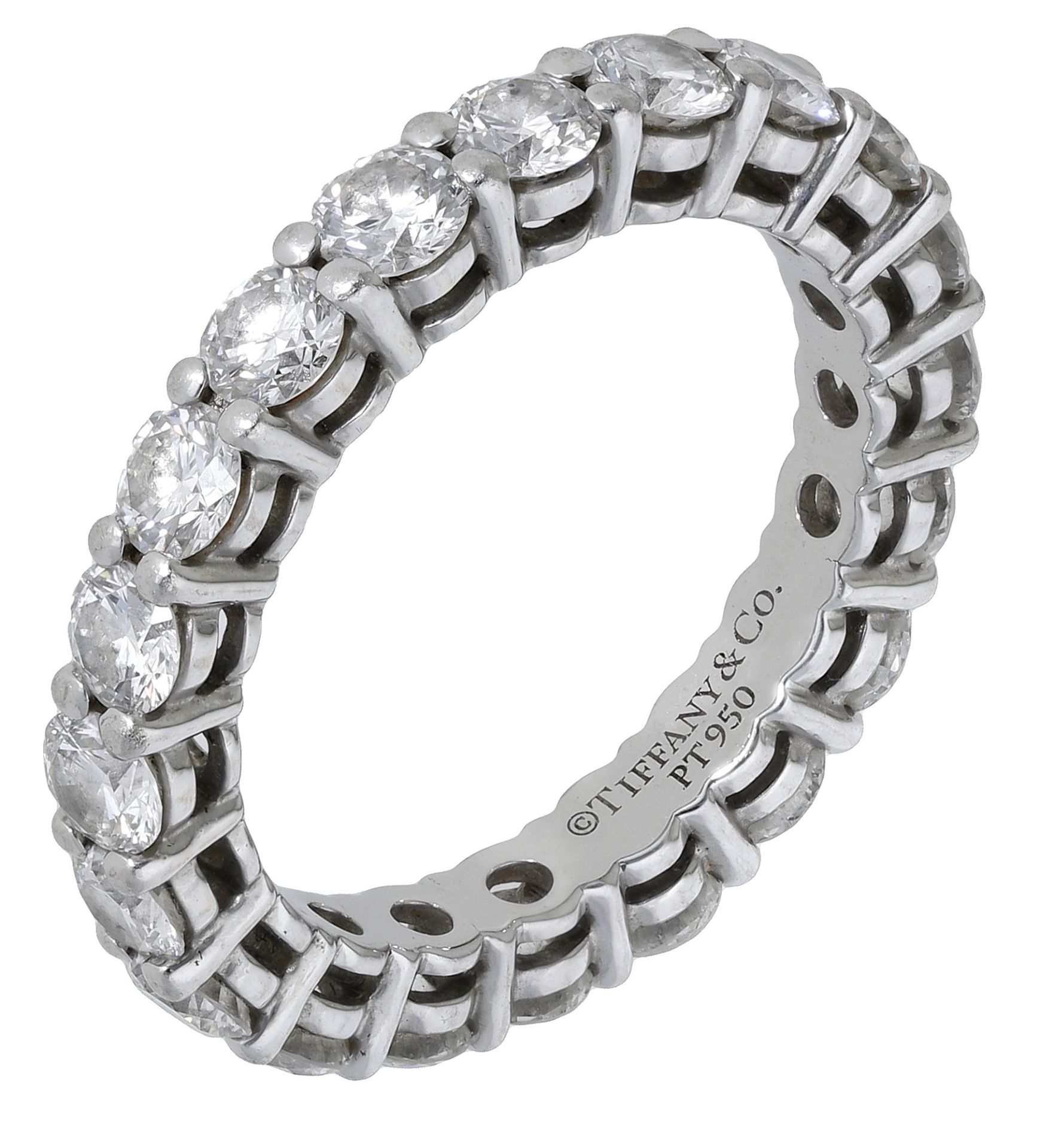 A platinum and diamond eternity ring by Tiffany & Co., set throughout with brilliant-cut dia...