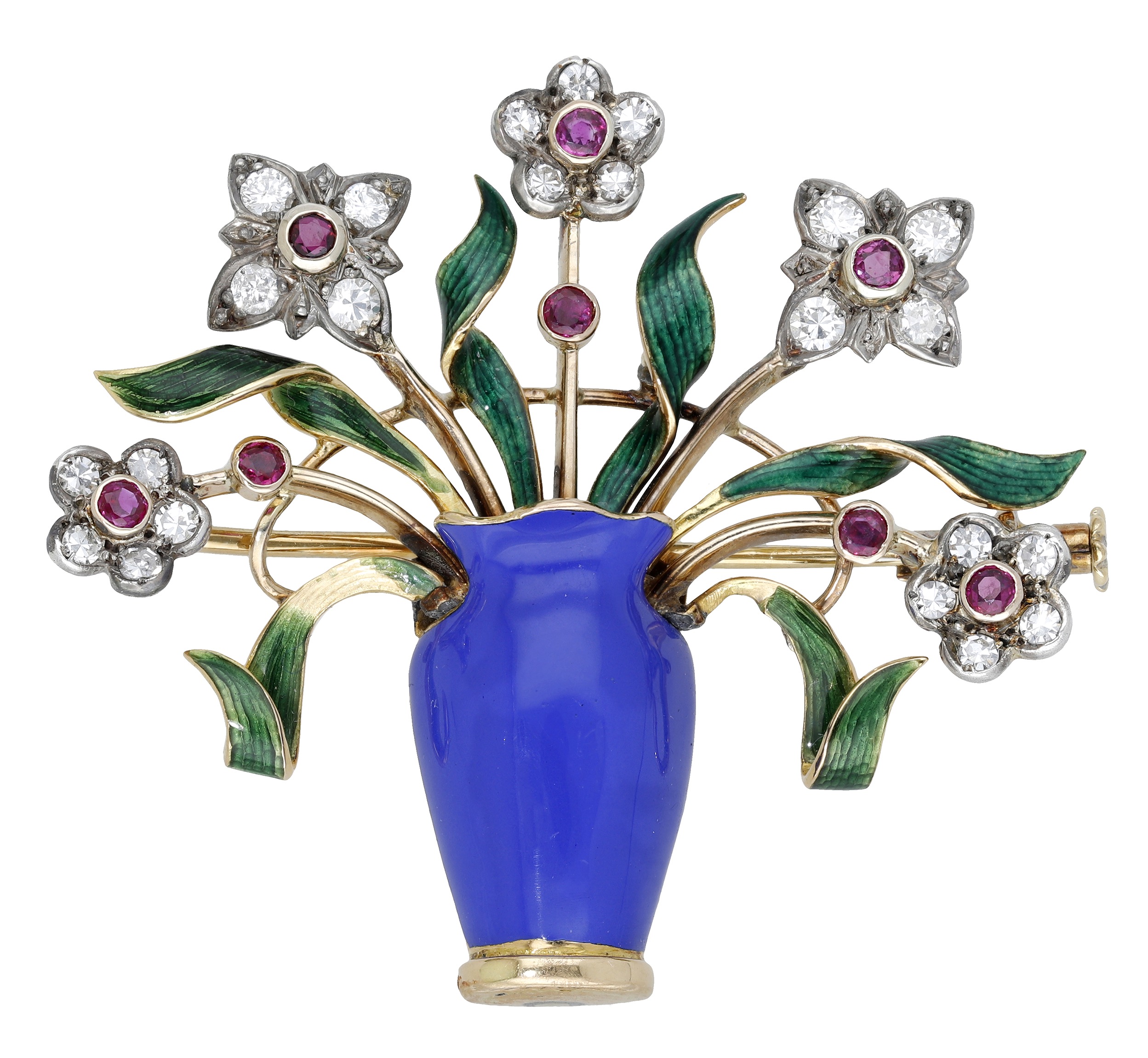 A mid 20th century enamel and gem-set brooch, the jardiniere with blue enamel vase and green...