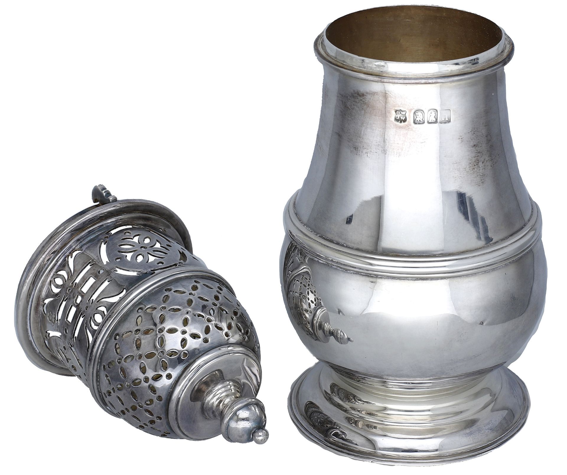 A pair of Edward VII Britannia standard silver sugar casters, of early Georgian design, with... - Image 2 of 2