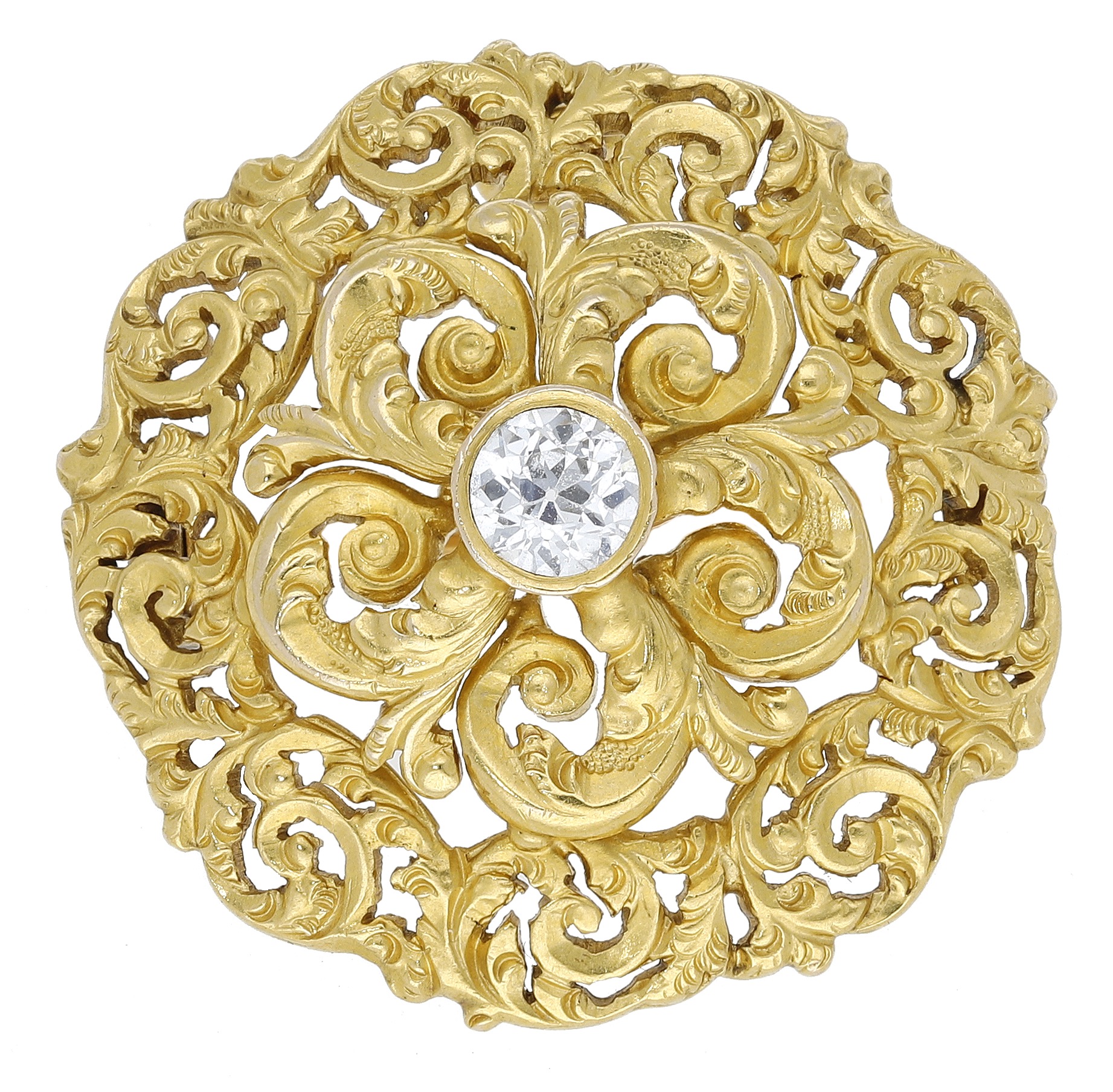 A 19th century diamond set brooch/pendant, of pierced scrollwork design, the central raised...