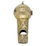 A Victorian gold whistle, engraved with strapwork and stylised leaves, the globular top hing...