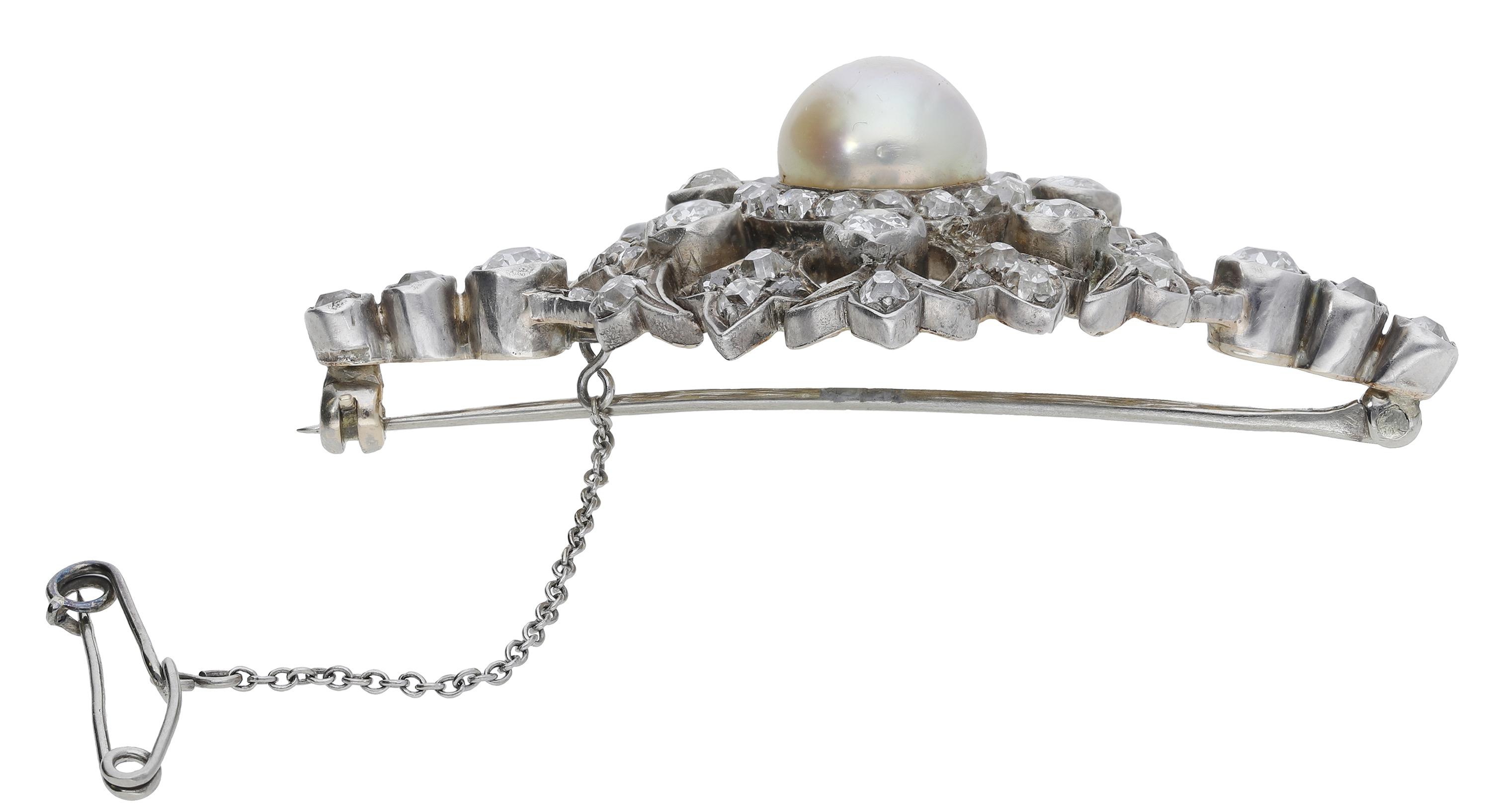 A late 19th century diamond and natural pearl brooch, the lozenge-shaped brooch of openwork... - Image 3 of 4