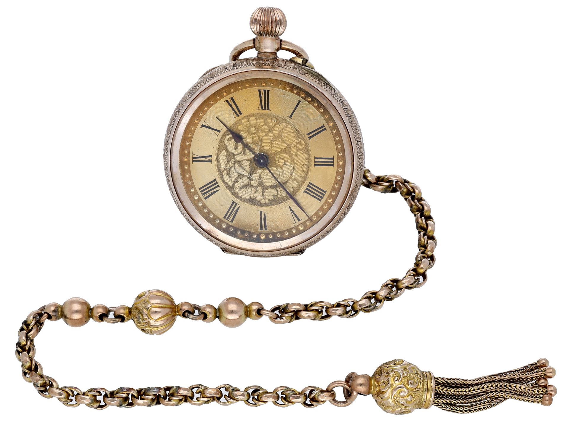 Swiss. A gold open-faced keyless watch with chain, circa 1900. Movement: cylinder escapemen...