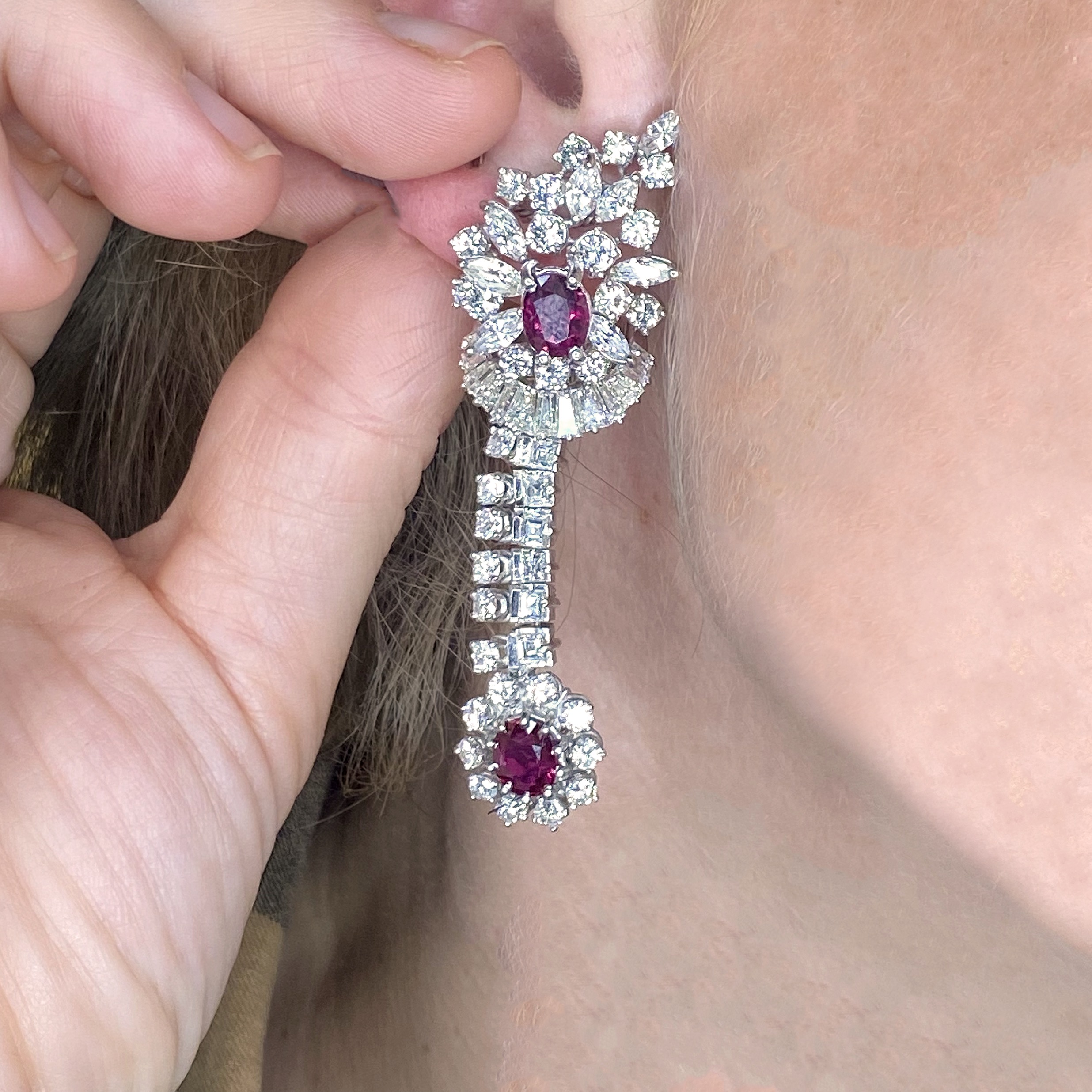 A pair of ruby and diamond ear clips, the tiered clusters set throughout with vari-cut diamo... - Image 4 of 4