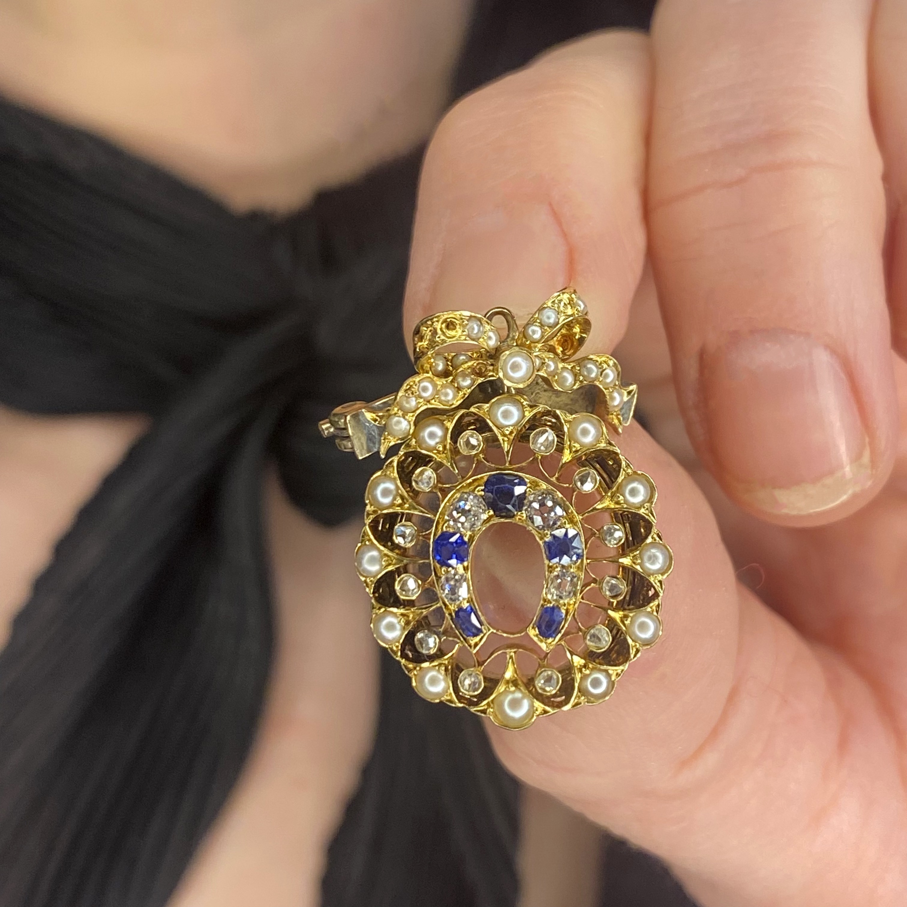 A late 19th century pearl, diamond and sapphire brooch, the composite jewel set throughout w... - Image 3 of 4