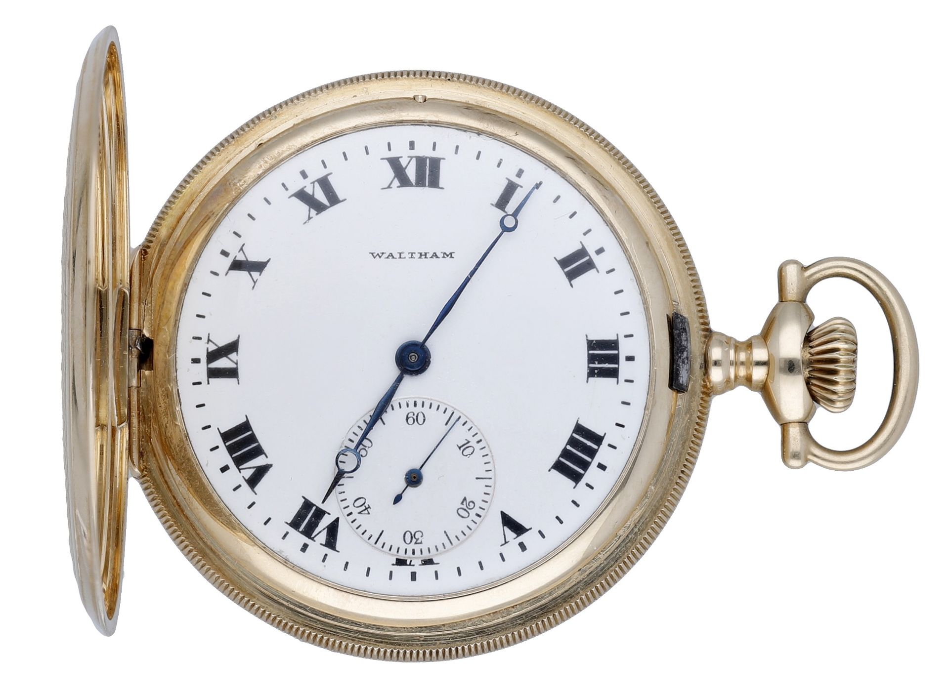Waltham. A gold hunting case keyless watch, circa 1915. Movement: lever escapement, no. 195...