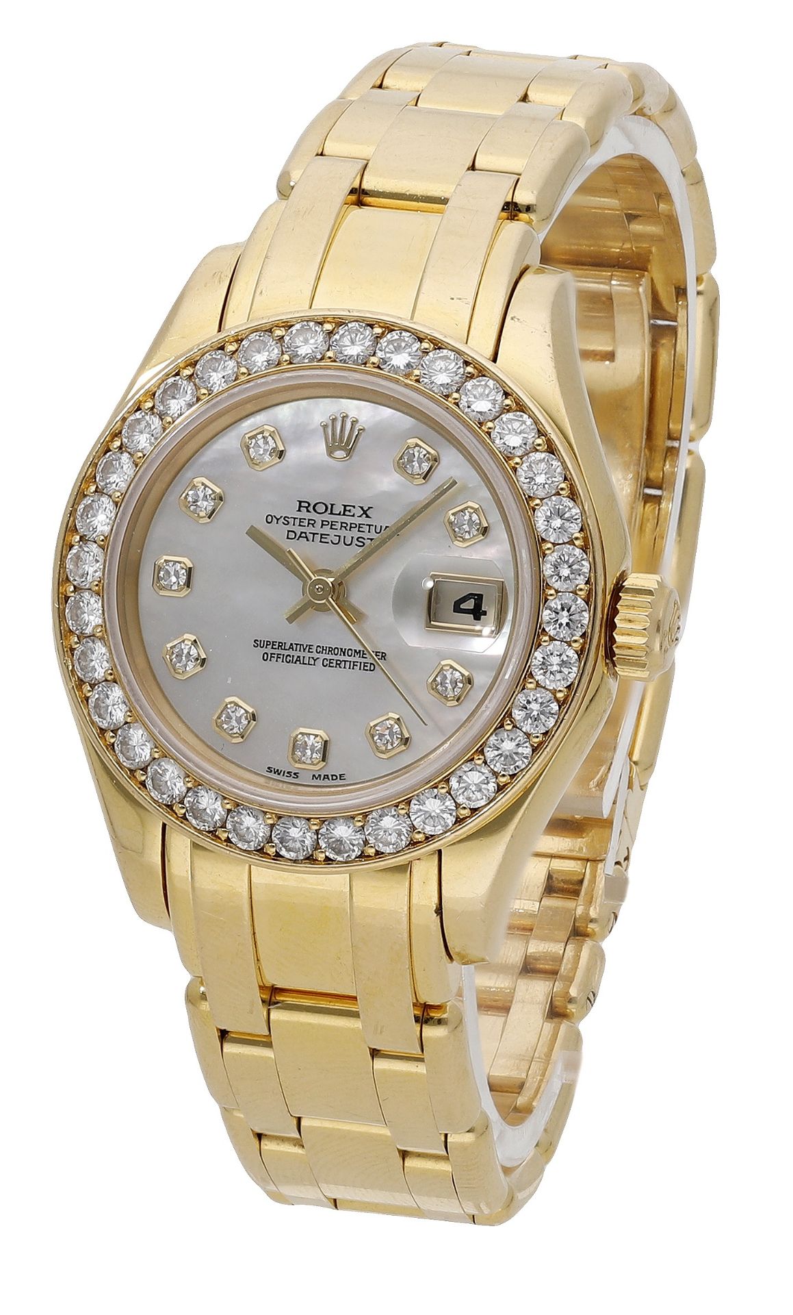 Rolex. A lady's gold and diamond-set automatic wristwatch with date, mother-of-pearl dial an...