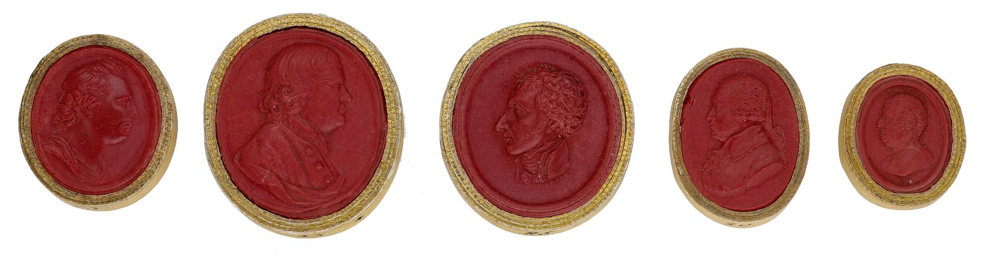 Five oval 'red sulphur' portrait medallions, by James Tassie, within numbered gilt-edged pap...