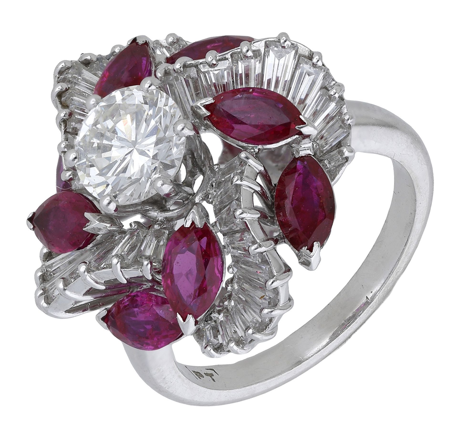 A ruby and diamond ballerina ring, set with a brilliant-cut diamond within a surround of cal...