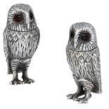 A matched pair of silver owl condiments, with detachable heads and glass cabochon eyes, the...