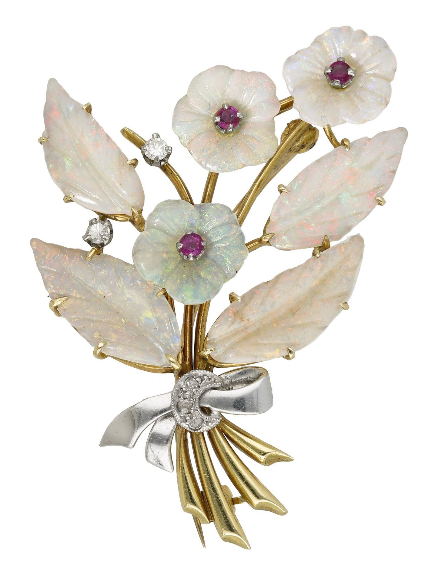 An 18ct gold opal, ruby and diamond floral spray brooch, 1989, realistically modelled, the c...