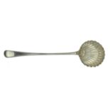 A George III silver soup ladle, feather-edged old English pattern with scallop bowl, initial...