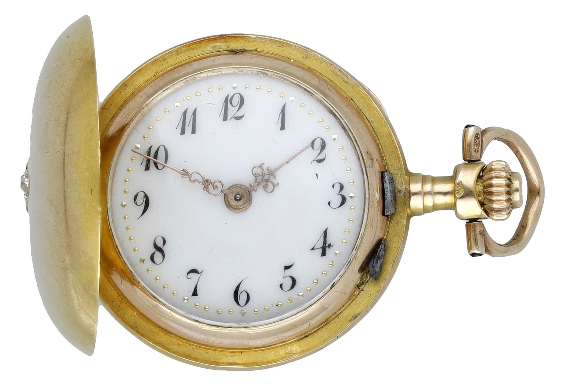Swiss. A small lady's gold and diamond-set hunting cased keyless watch, circa 1910. Movemen...