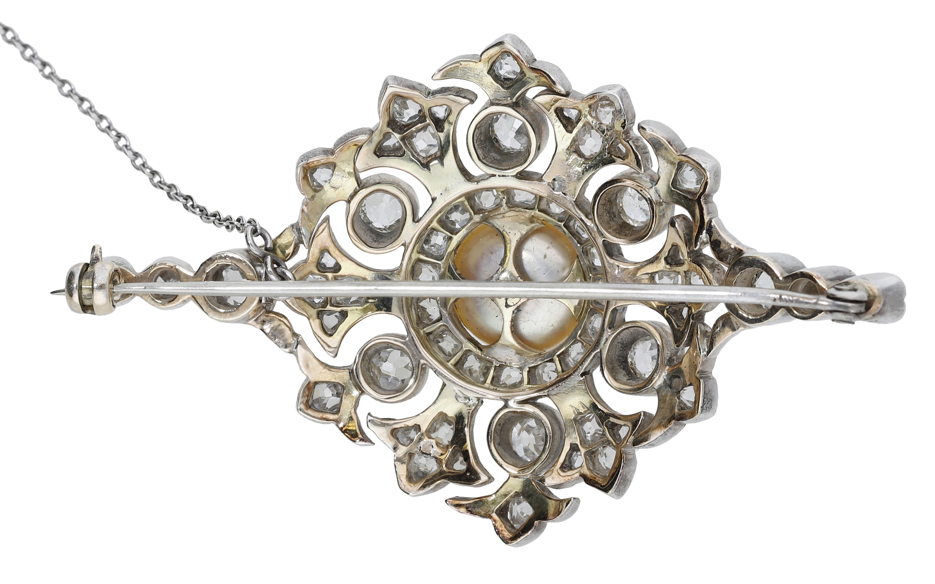 A late 19th century diamond and natural pearl brooch, the lozenge-shaped brooch of openwork... - Image 2 of 4