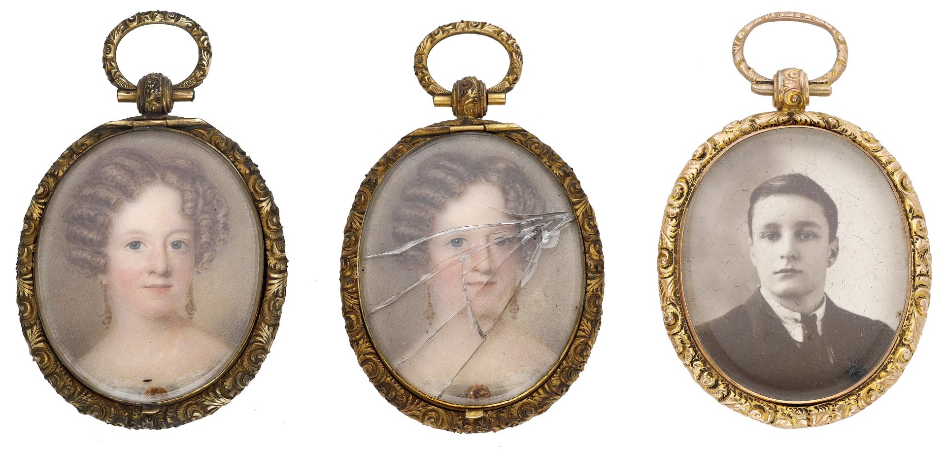 A pair of oval portrait miniatures of a young lady, second quarter, 19th century, both appar...