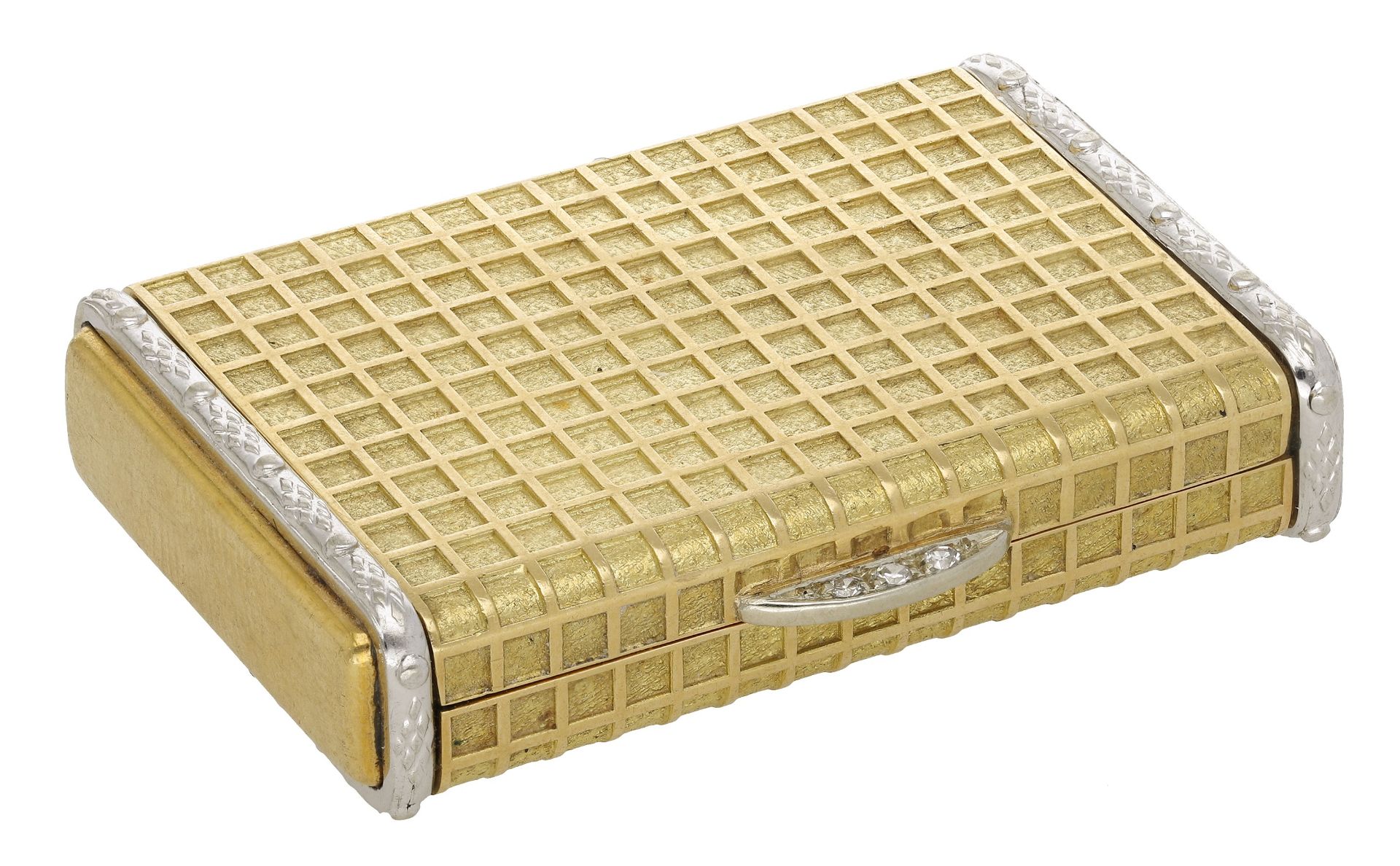 A two colour gold snuff box, decorated throughout with square latticework, against a texture...