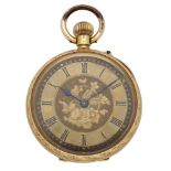 Swiss. Retailed by C. E. Court, Ulverston. A gold open-faced keyless watch, circa 1890. Mov...
