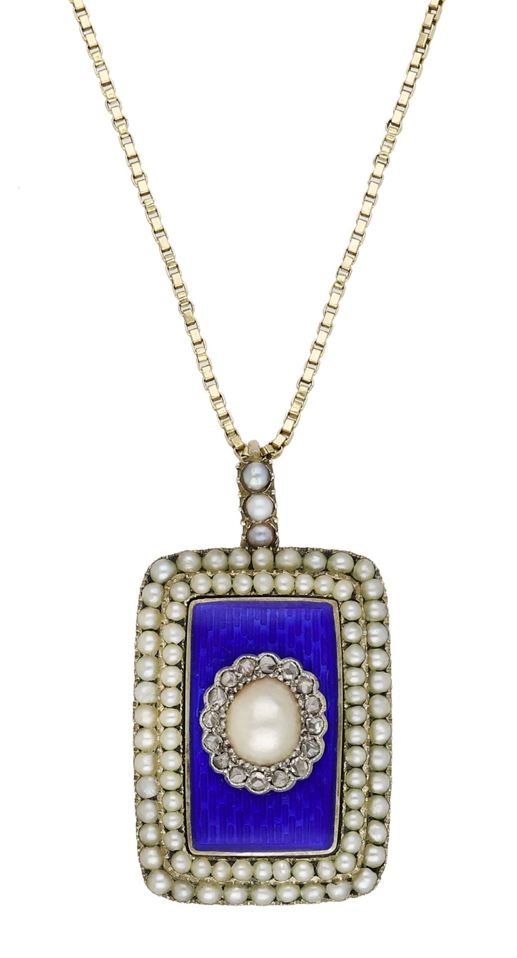 A late 18th century enamel, pearl and diamond set pendant, the rectangular-shaped pendant wi...