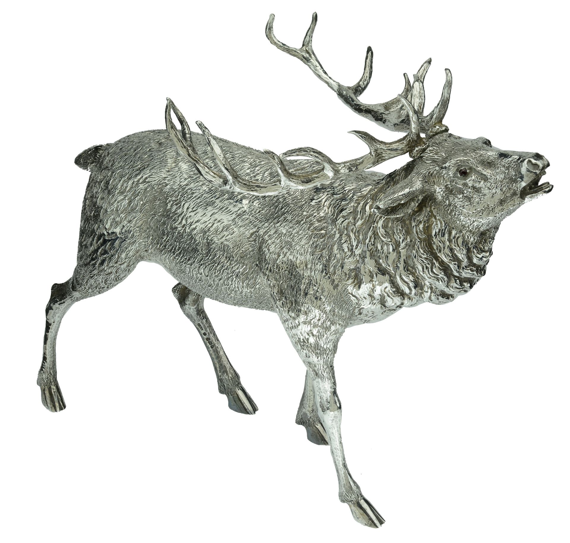 A late 19th century Dutch silver stag table ornament, realistically modelled, the detachable...