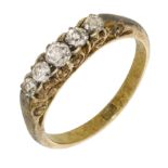 A 19th century five stone diamond ring, set with graduated old brilliant-cut diamonds, stamp...