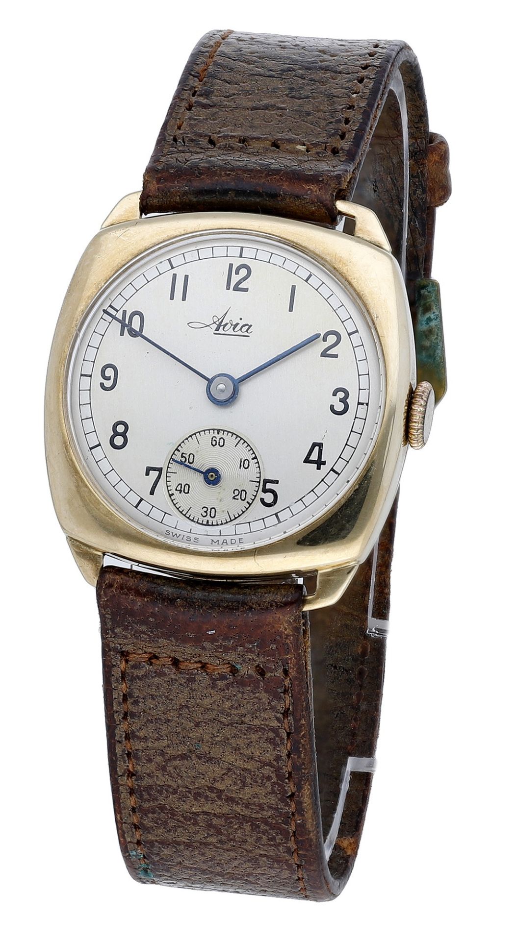 Avia. A gold cushion-form wristwatch, circa 1946. Movement: manual winding, 15 jewels. Dia...