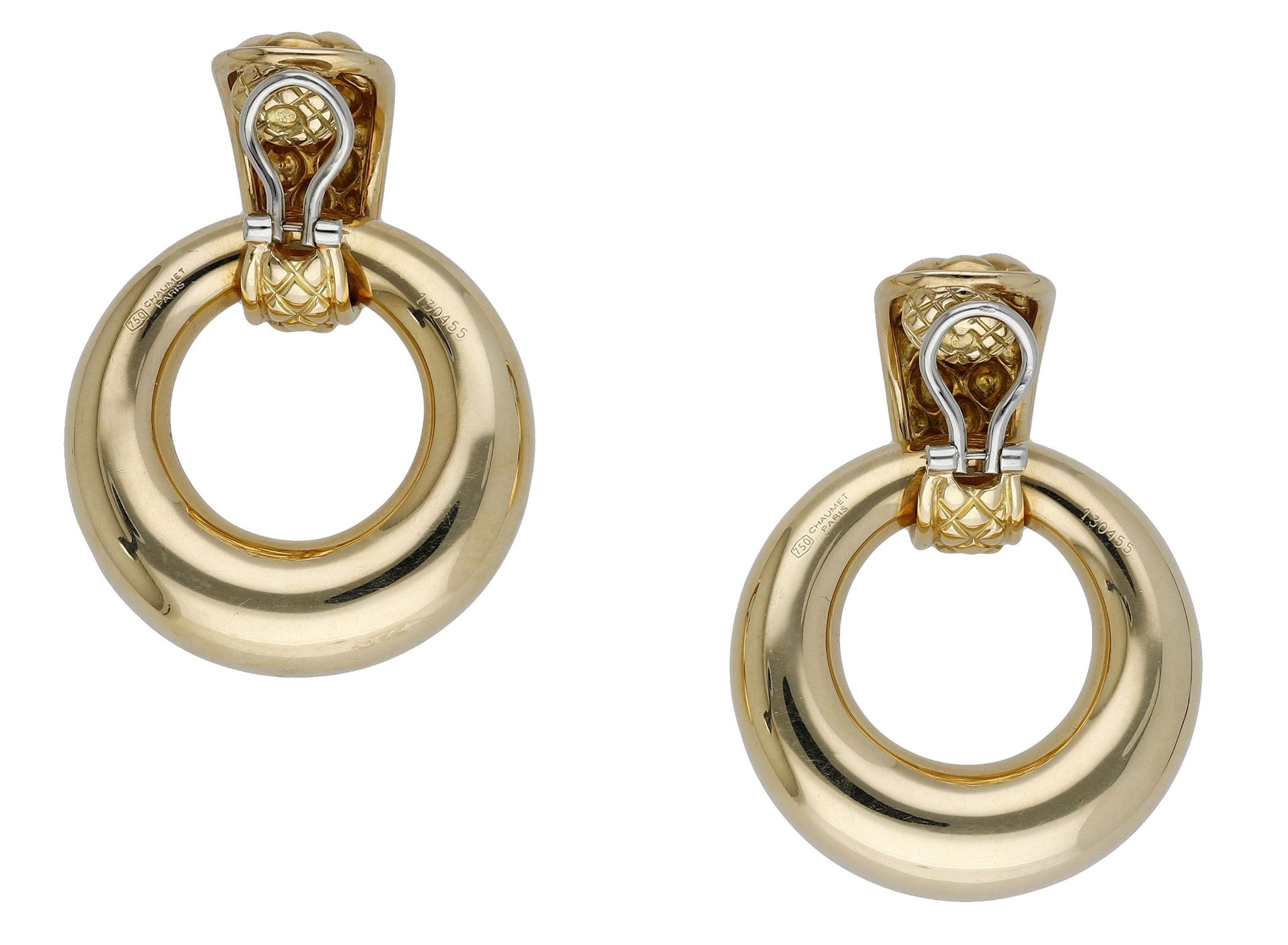 A pair of hoop ear clips by Chaumet, the domed hoops suspended beneath tapered surmounts wit... - Image 2 of 3