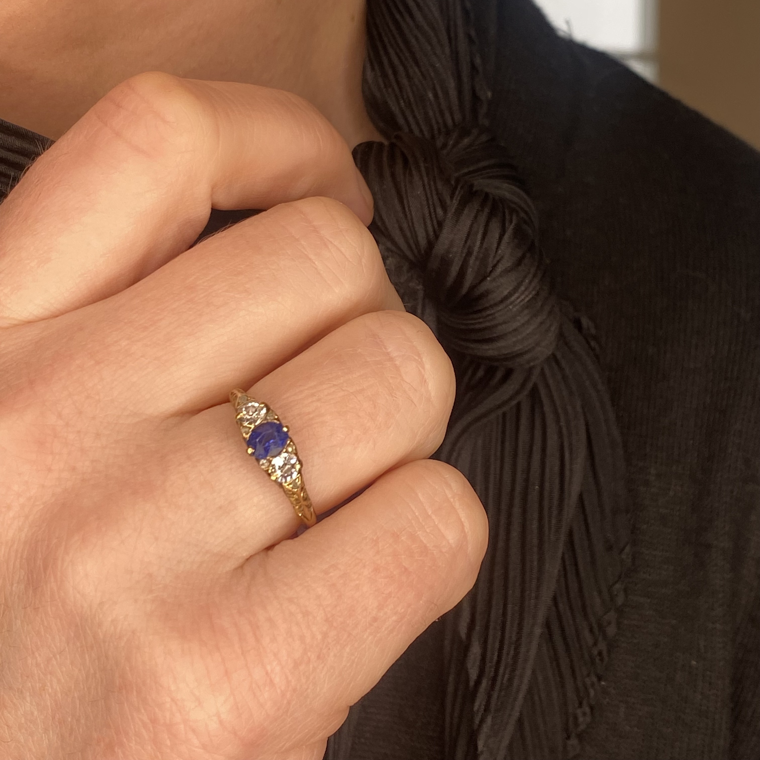 A late 19th century sapphire and diamond three stone ring, the oval-cut sapphire between two... - Image 3 of 3