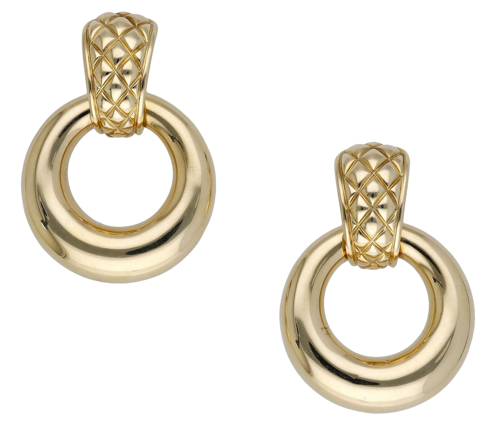 A pair of hoop ear clips by Chaumet, the domed hoops suspended beneath tapered surmounts wit...