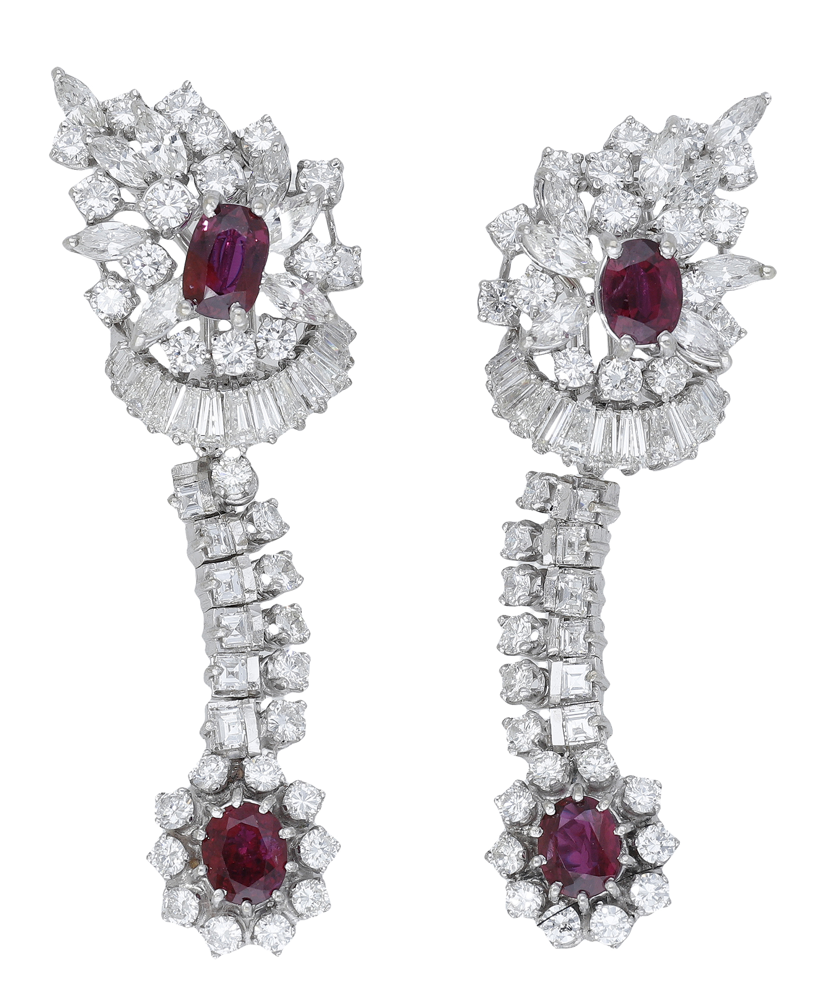 A pair of ruby and diamond ear clips, the tiered clusters set throughout with vari-cut diamo...