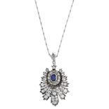 A sapphire and diamond pendant on chain, converted from a late 19th century jewel, designed...