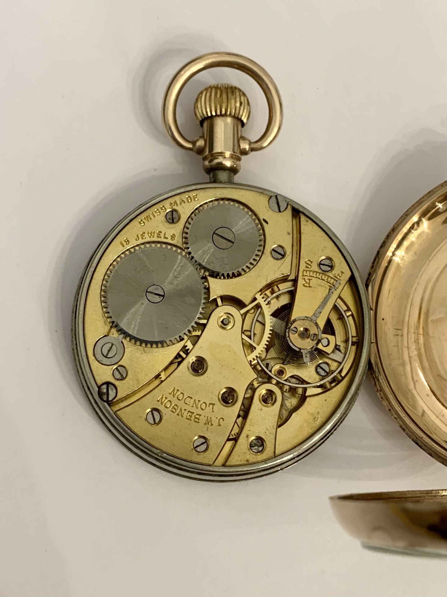 J. W. Benson. A gold open-faced keyless watch, 1928. Movement: gilt, lever escapement, 15 j... - Image 3 of 3