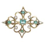 A late 19th century emerald and diamond brooch, the pierced lozenge-shaped brooch with recta...