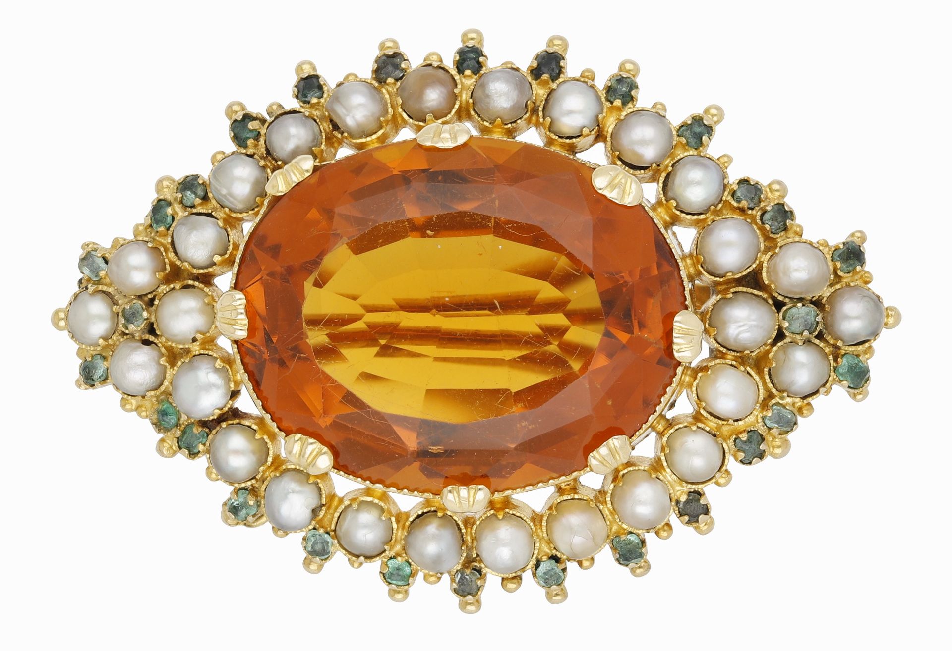 A late 19th century citrine, emerald and pearl brooch, the orange oval mixed-cut citrine wit...