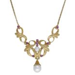 A gem-set necklace, circa 1968, the scrolled foliate frontispiece with circular-cut pink sap...