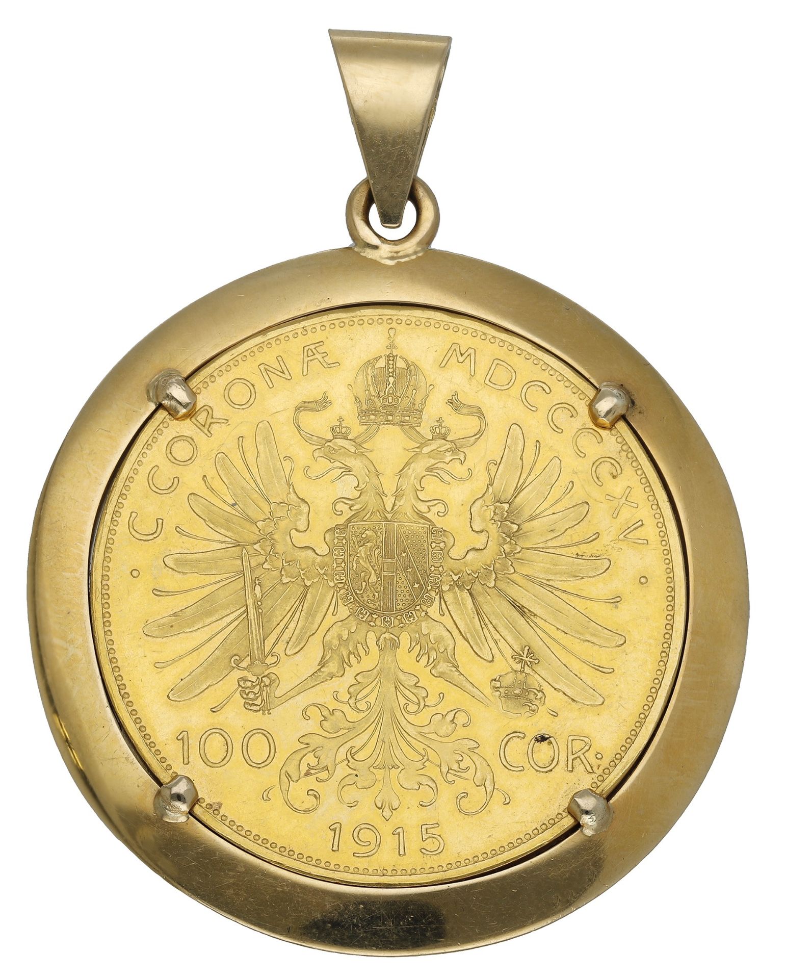 A gold coin pendant, the Austrian 100 corona 1915 restrike in plain gold mount, French eagle... - Image 2 of 3