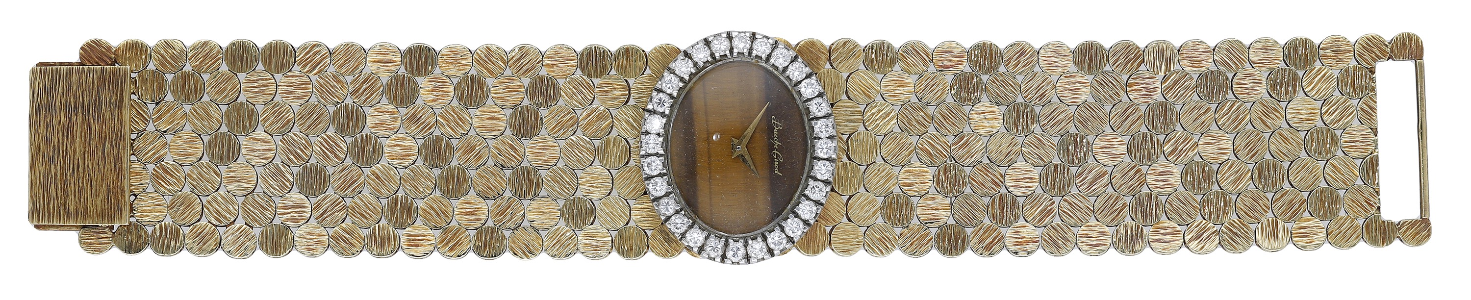 Bueche Girod. A gold and diamond-set bracelet watch with tiger's eye dial, circa 1971. Move... - Image 3 of 6