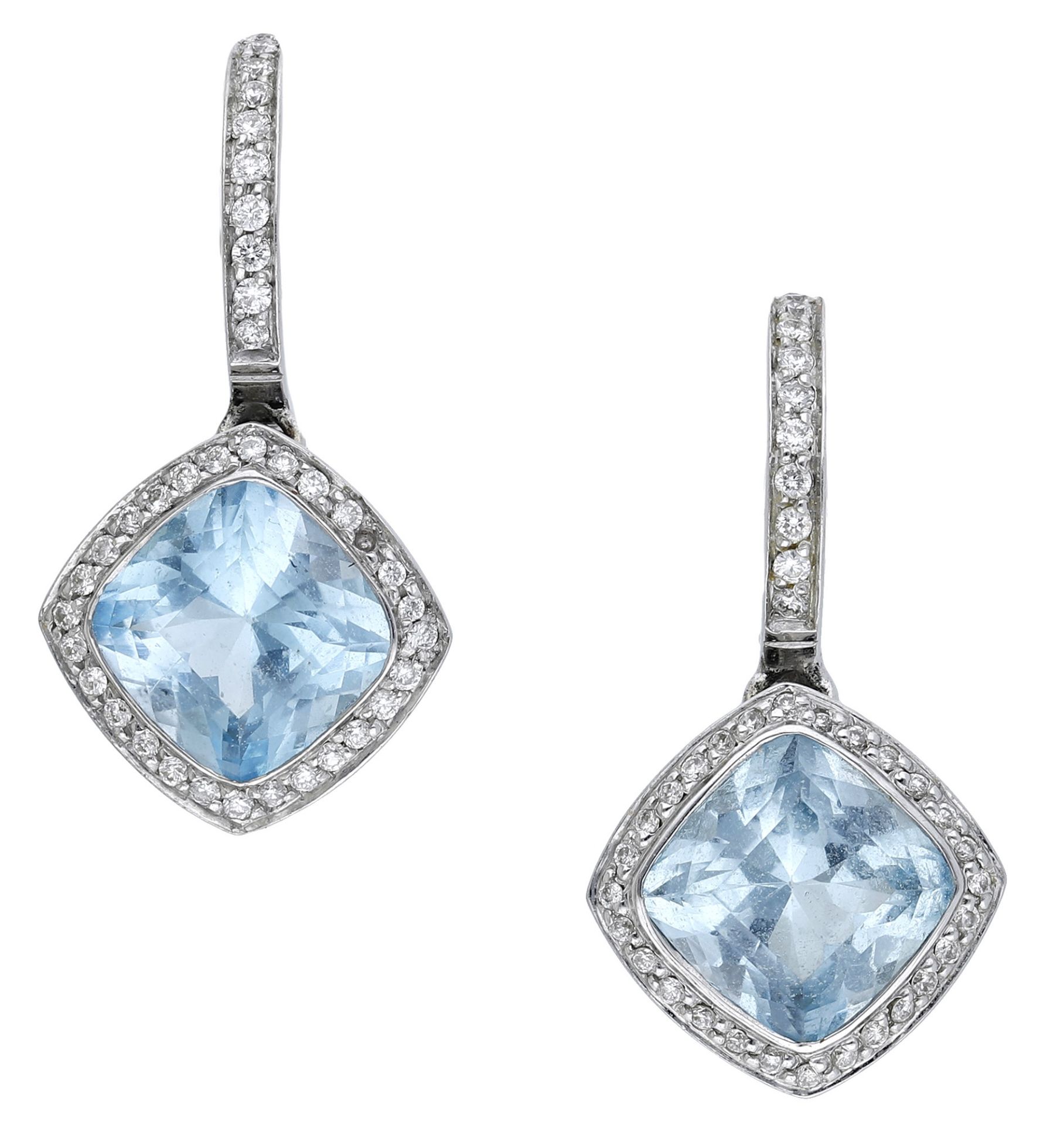 A pair of 18ct white gold aquamarine and diamond ear pendants by Asprey, the half hoop surmo...