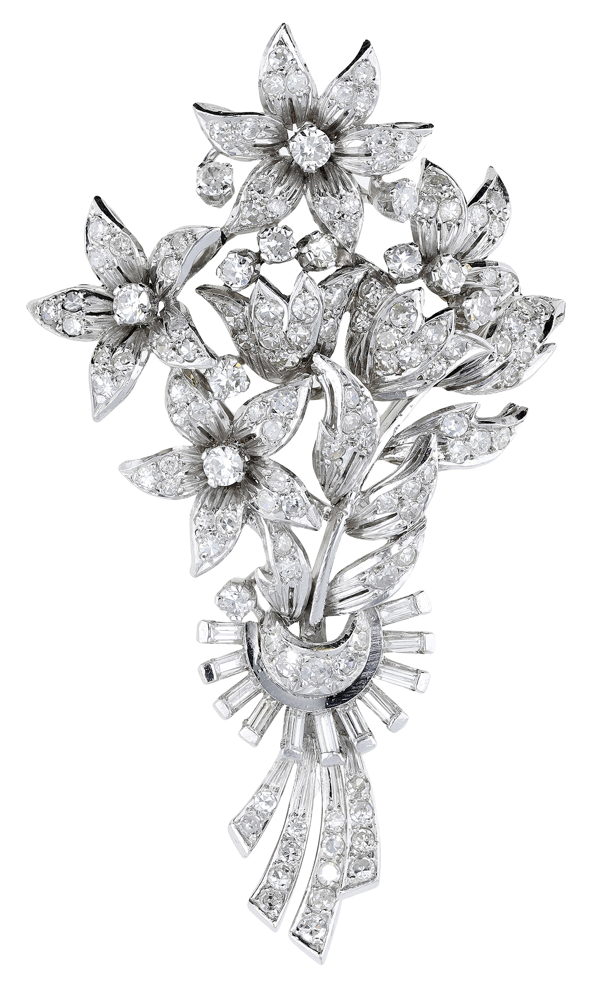 A mid 20th century diamond spray brooch, the foliate spray set throughout with a combination...