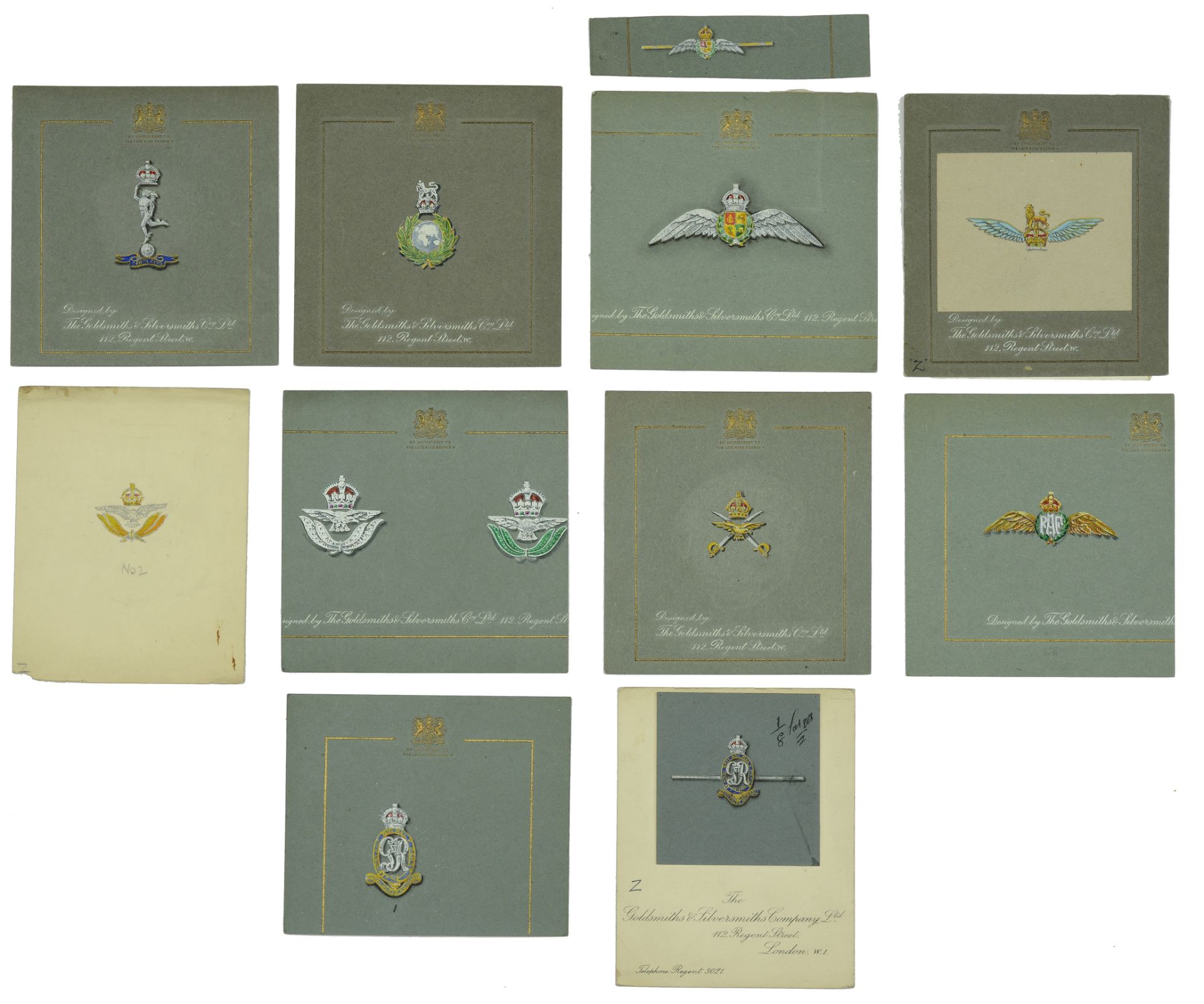 Assorted hand-painted Regimental artist design pattern cards for sweetheart brooches retaile...