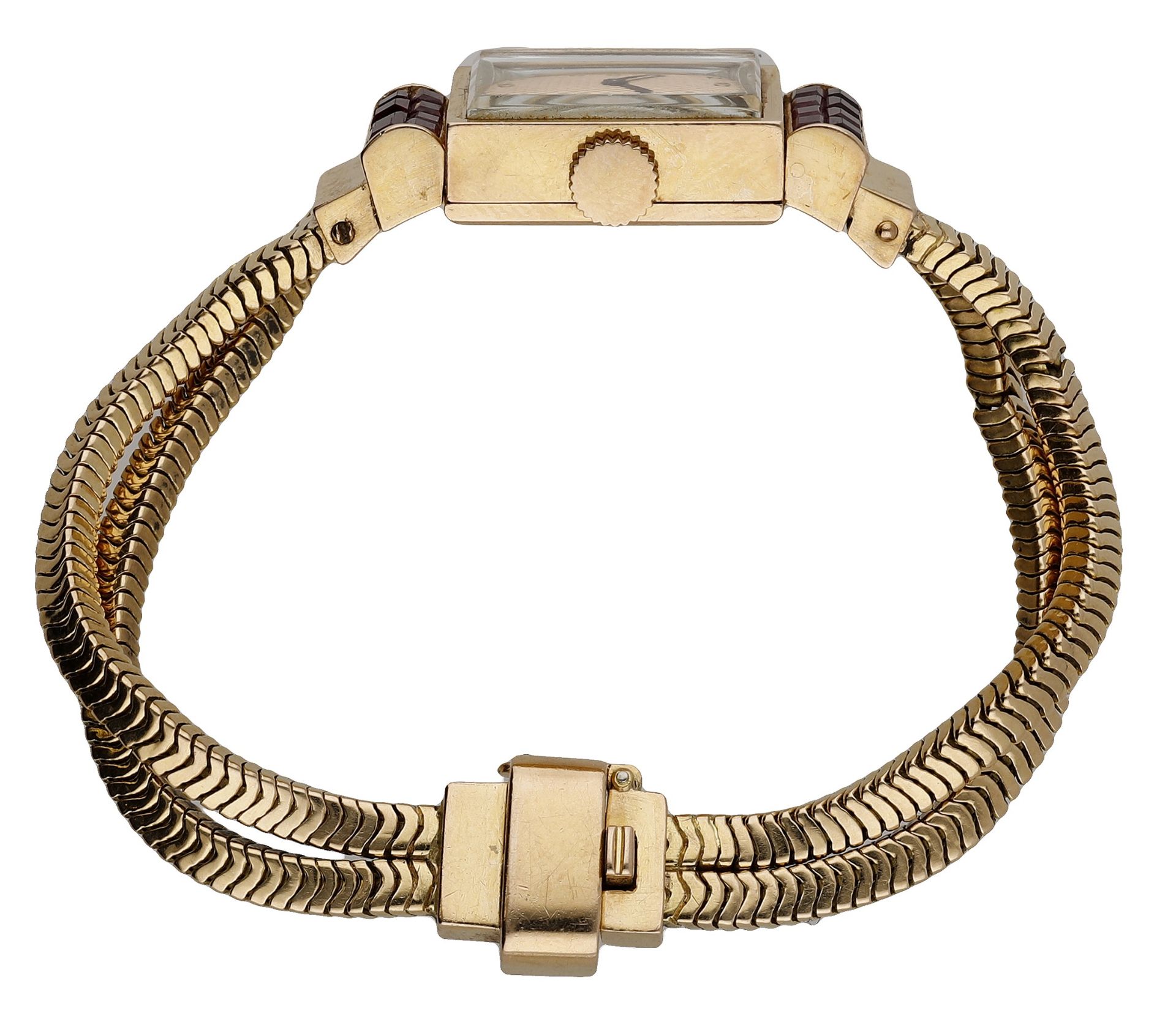 Boucheron. A lady's gold and synthetic ruby-set bracelet watch, circa 1956. Movement: cal.... - Bild 3 aus 5