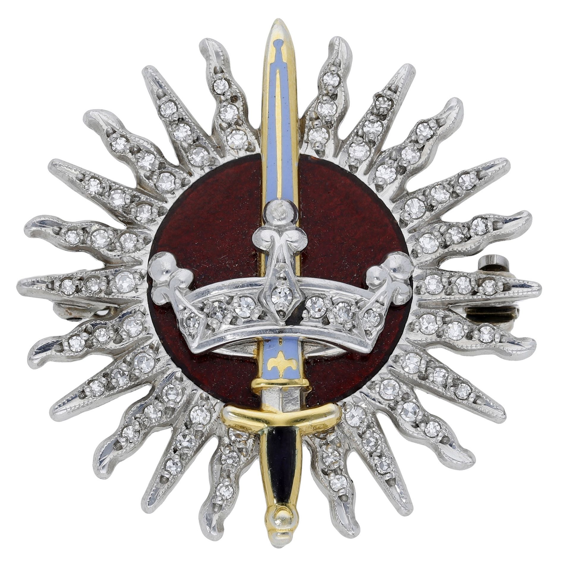 An 18ct white gold diamond and enamelled Imperial Society of Knights Bachelor brooch by Garr...