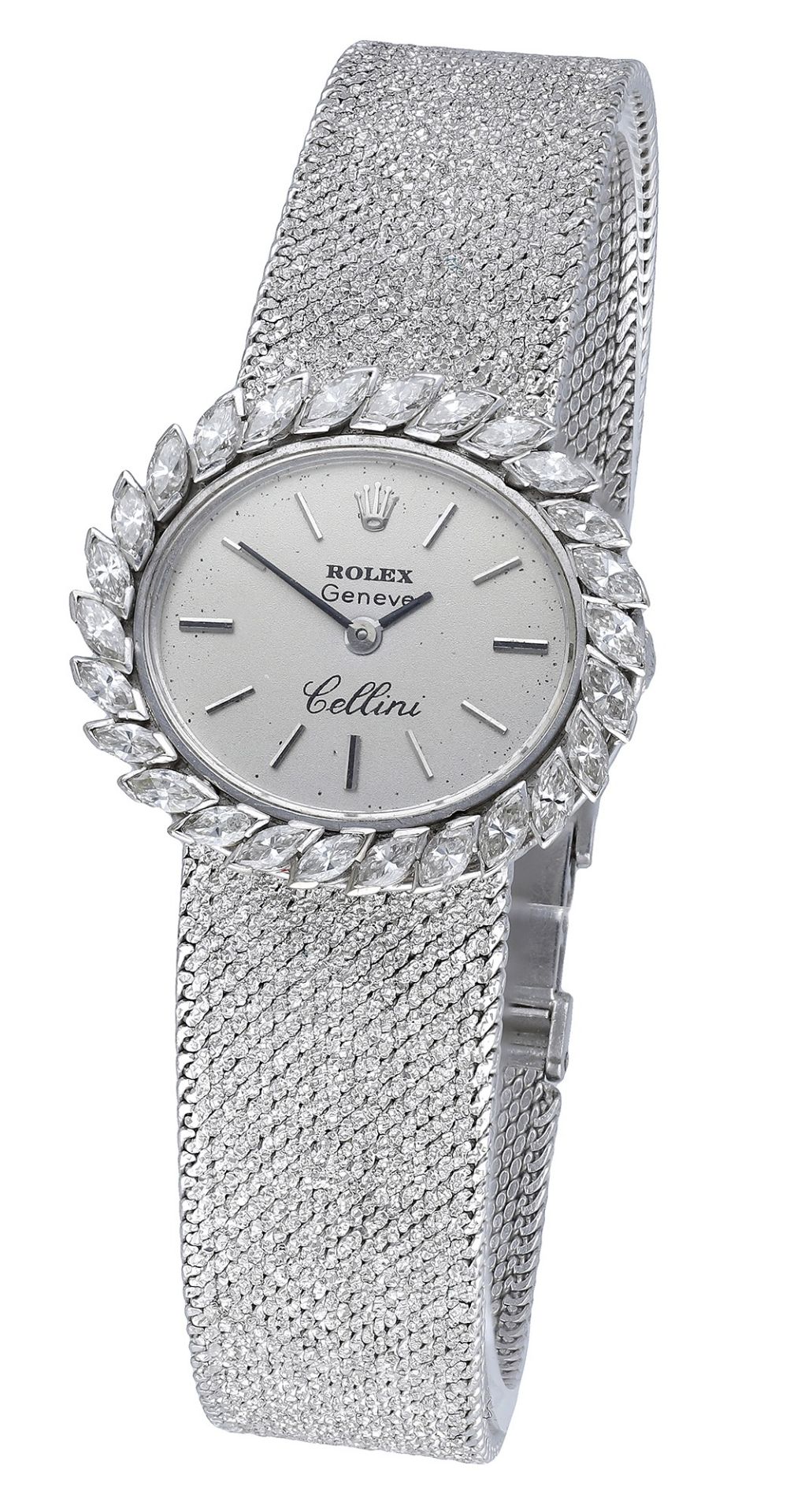 Rolex. A lady's white gold and diamond-set oval bracelet watch, Ref. 681, Cellini, circa 197...