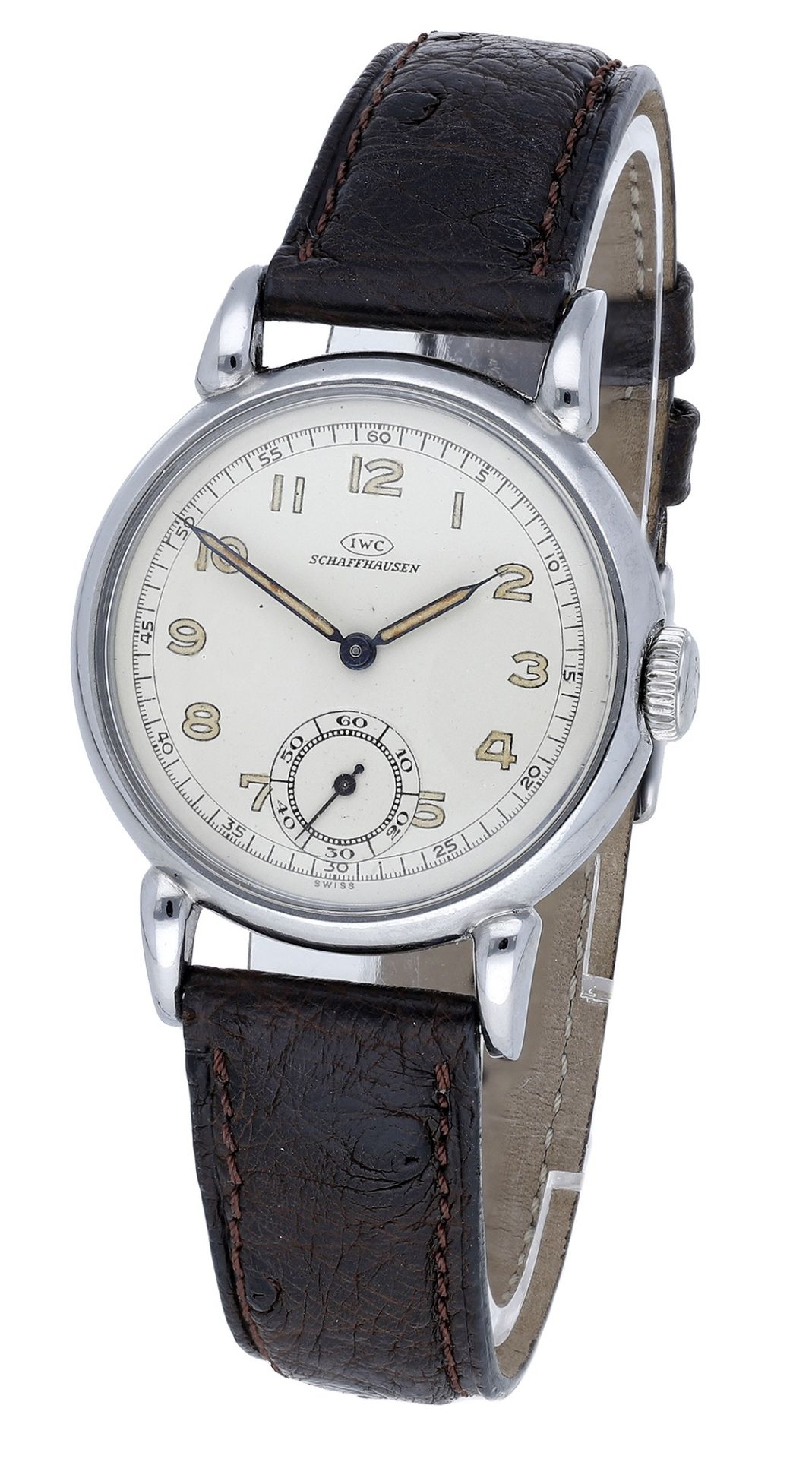 IWC, Schffhausen. A steel wristwatch, circa 1940. Movement: manual winding. Dial: silvered...