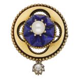 A gem-set brooch, 19th century and later, the circular gold brooch with carved lapis lazuli...