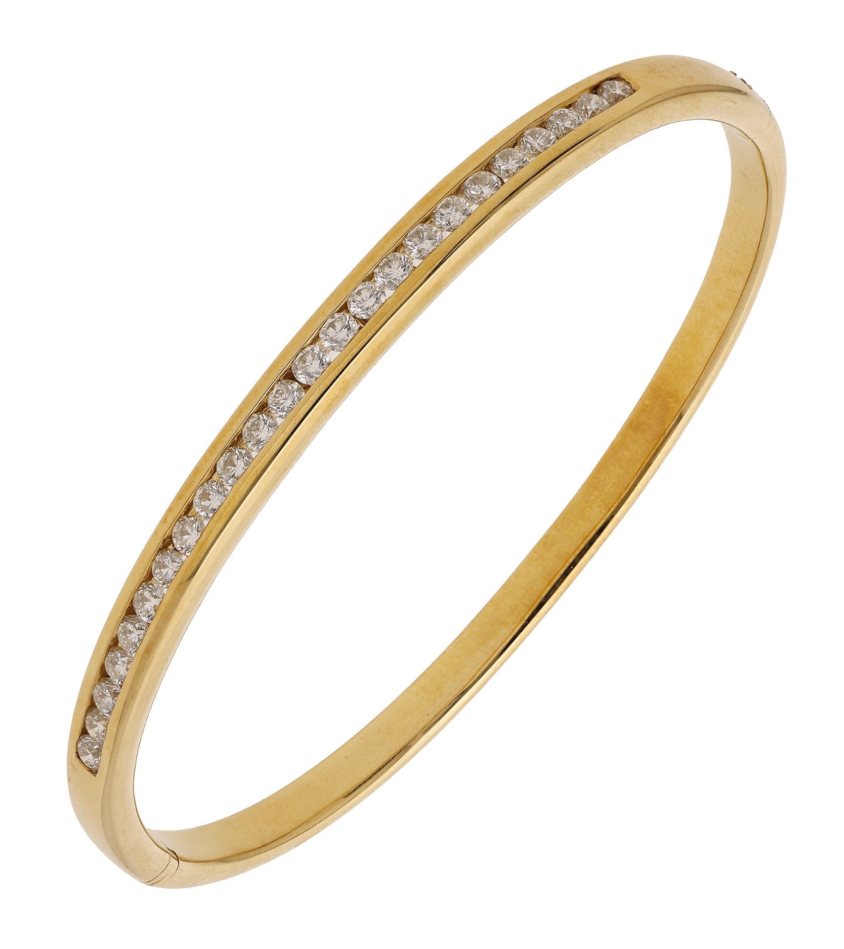 An 18ct gold and diamond set hinged bangle, channel-set to the front with brilliant-cut diam...