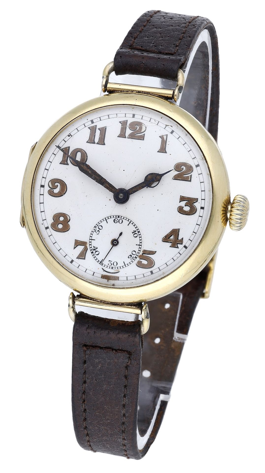 Longines: A gold trench watch, circa 1924. Movement: manual winding, 16 jewels. Dial: whit...
