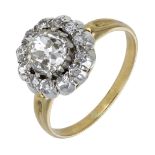 A diamond cluster ring, the old brilliant-cut diamond weighting 1.20 carats, within a simila...