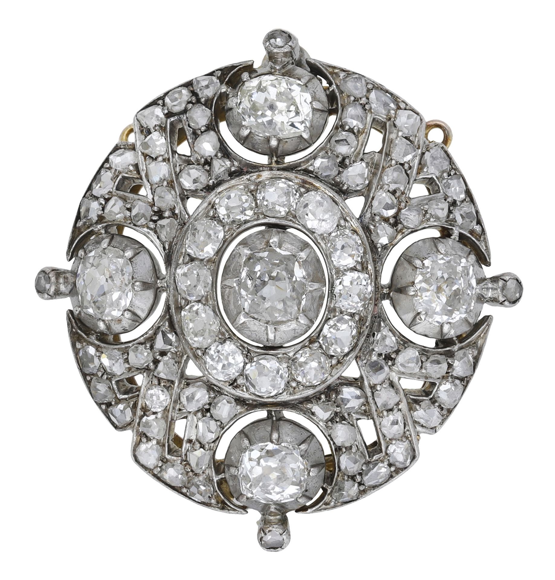 A diamond brooch, circa 1890, the pierced brooch of stylised target design, set throughout w...