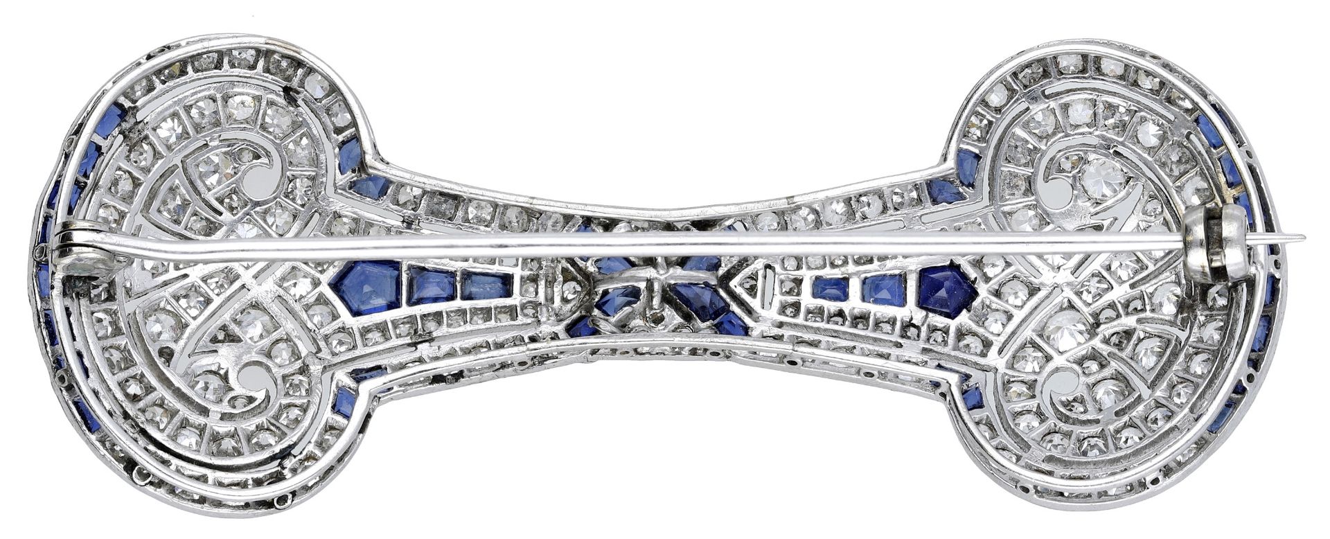 An Art Deco sapphire and diamond brooch, of waisted design with oval terminals, set througho... - Image 2 of 3